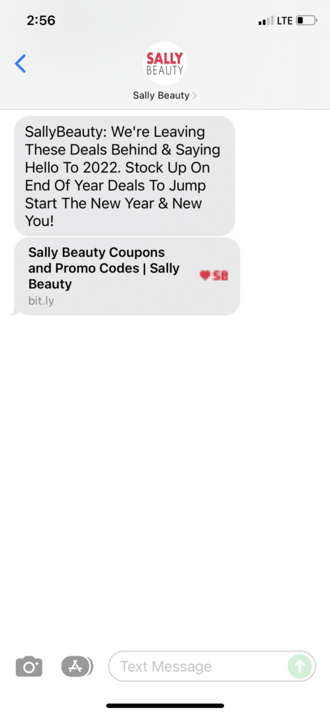 A text message from Sally Beauty that reads: “SallyBeauty: We’re Leaving These Deals Behind & Saying Hello to 2022. Stock Up On End Of Year Deals To Jump Start The New Year & New You! [link]”