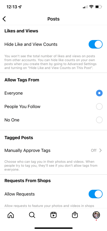 Screenshot of how to turn off like and view counts inside Instagram's post privacy settings.