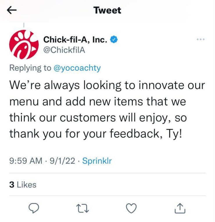 Chick-fil-A Tweet thanking customer for feedback