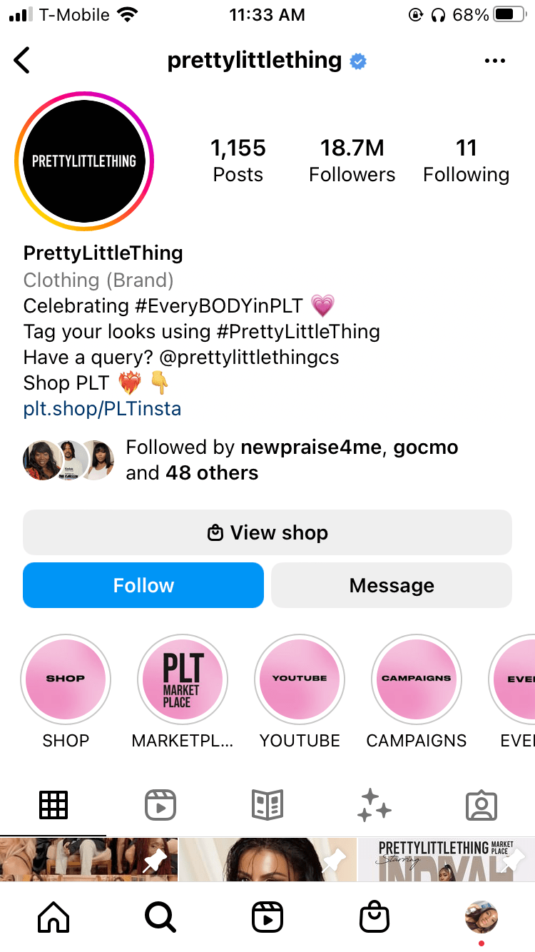 Pretty Little Thing's Instagram Profile. The bio includes several branded hashtags for customers to use.