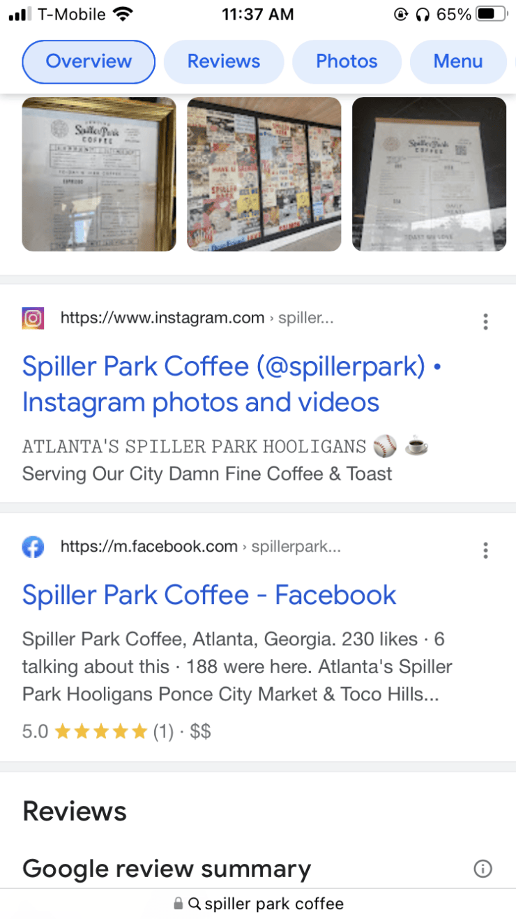 Spiller Park Coffee's Instagram and Facebook business pages on a search engine results page