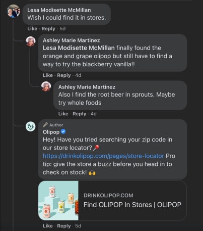Screenshot of thread on Olipop's Facebook page, directing a customer to their store locator tool.