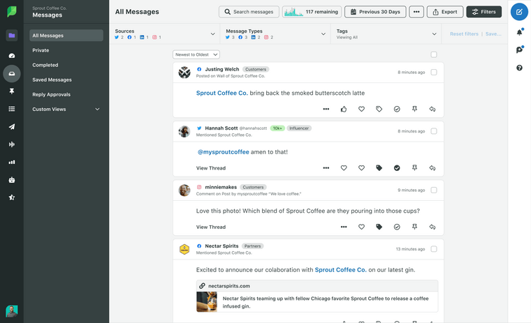 A screenshot of Sprout Social's Smart Inbox, an inbox within the platform that consolidates all incoming messages and mentions into one place.