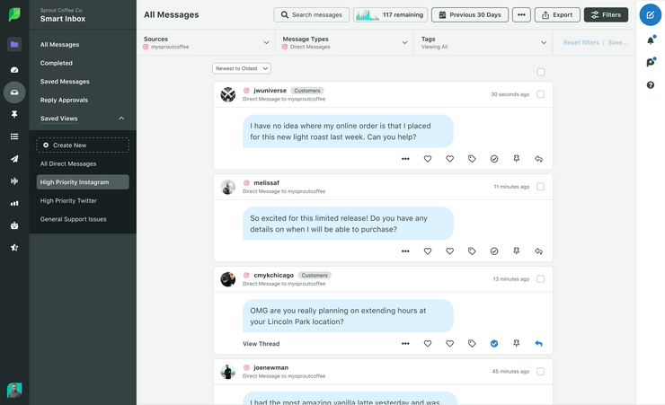 A screenshot of Sprout's Smart Inbox tool, filtered to show Instagram DMs. 