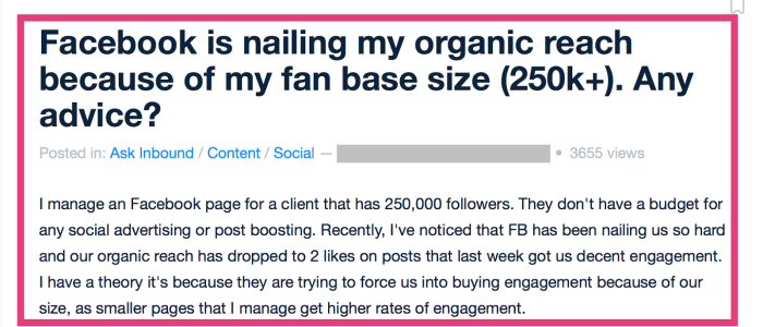 An online question someone has about why their Facebook organic reach is being penalized.