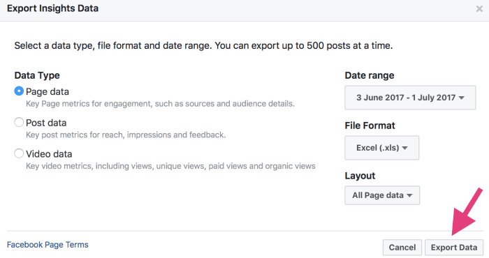 Different export insights data options for Facebook.