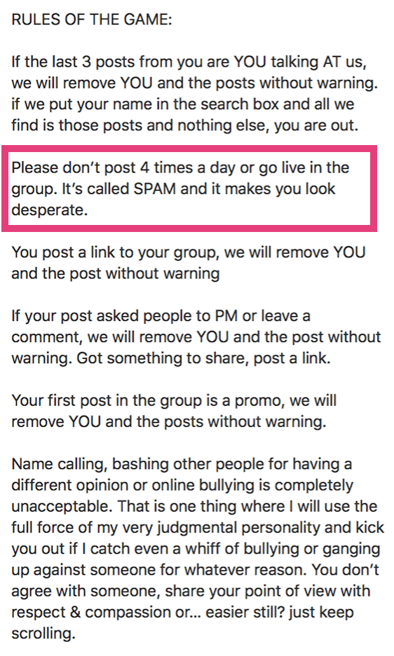 An example of Facebook group rules, including one that clearly defines spam.