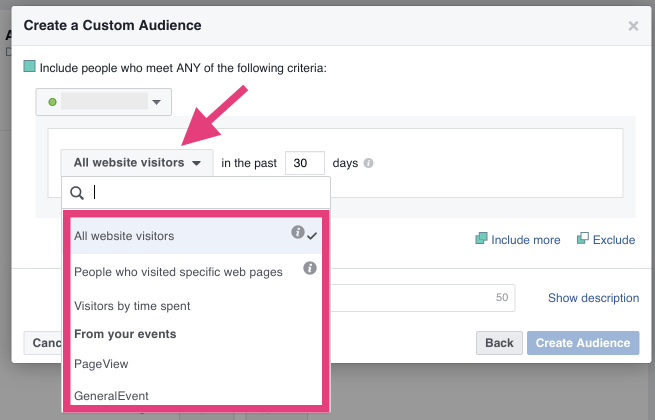 A screenshot showing how to create custom audiences on Facebook.