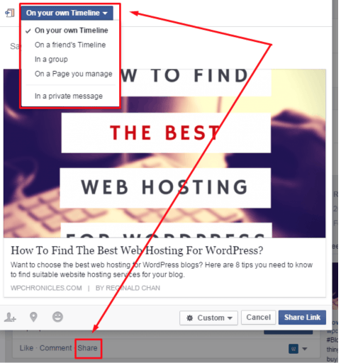 A Facebook page, pointing out how to share a post.