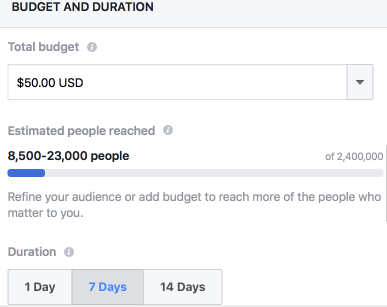 Facebook's functionality to choose ad budget and duration for a campaign.