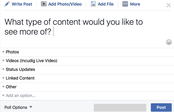 A screenshot of the poll creation function of Facebook.
