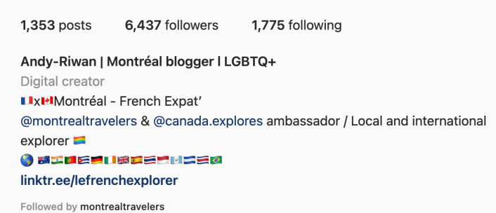 A screenshot of Andy-Riwan's Instagram bio where he mentions he is a @montrealtravelers ambassador.