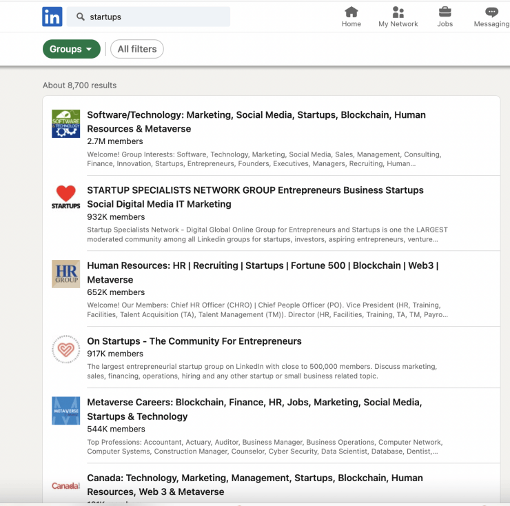LinkedIn Groups search results for the keyword "startups"