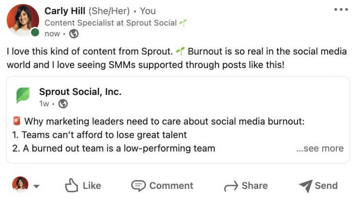 A screenshot showing a Sprout LinkedIn post that has been reshared in an employee's LinkedIn post