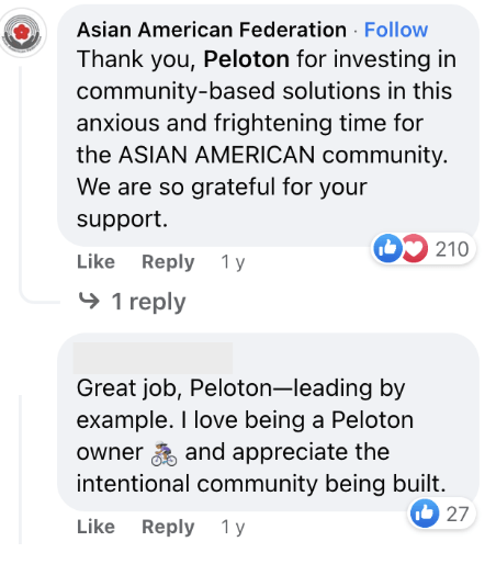 Screenshot of Facebook comments praising Peloton's donation to Asian American Federation
