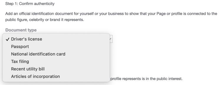 A screenshot showing the documentation required to prove authenticity for Facebook verification