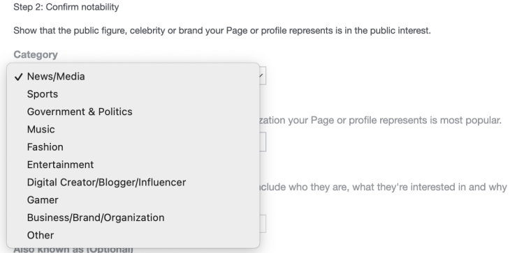 Facebook page category options when requesting verification