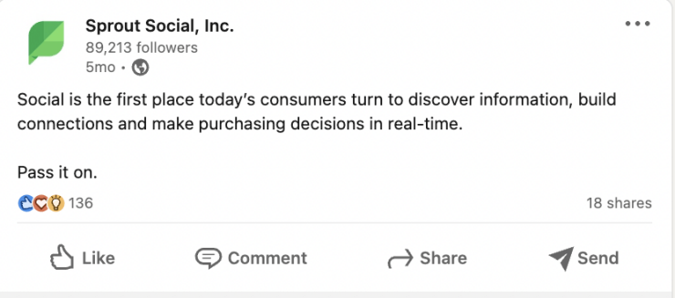 A screenshot of a Sprout Social LinkedIn post that reads, "Social is the first place today's consumers turn to discover information, build connections and make purchasing decisions in real-time. Pass it on."