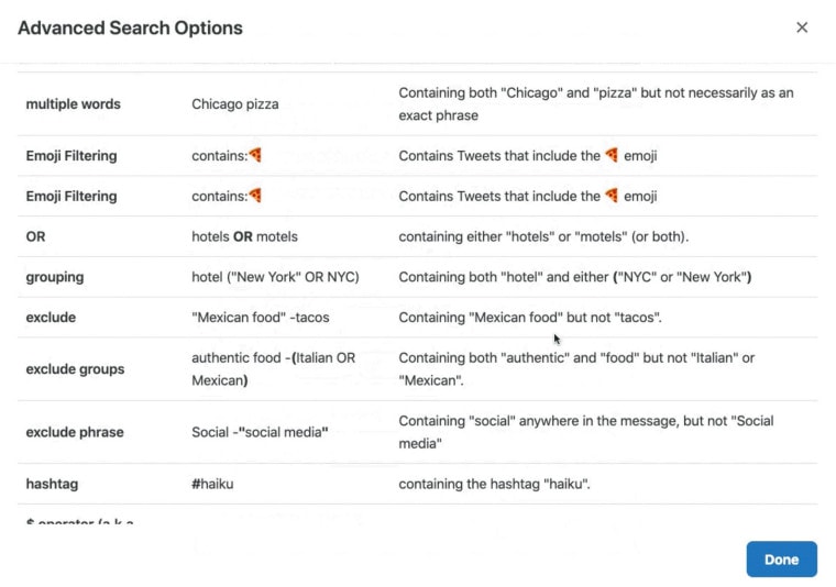 The Advanced Search Options dialog box, which helps users tailor their Brand Keyword search queries to meet their desired outcomes. 