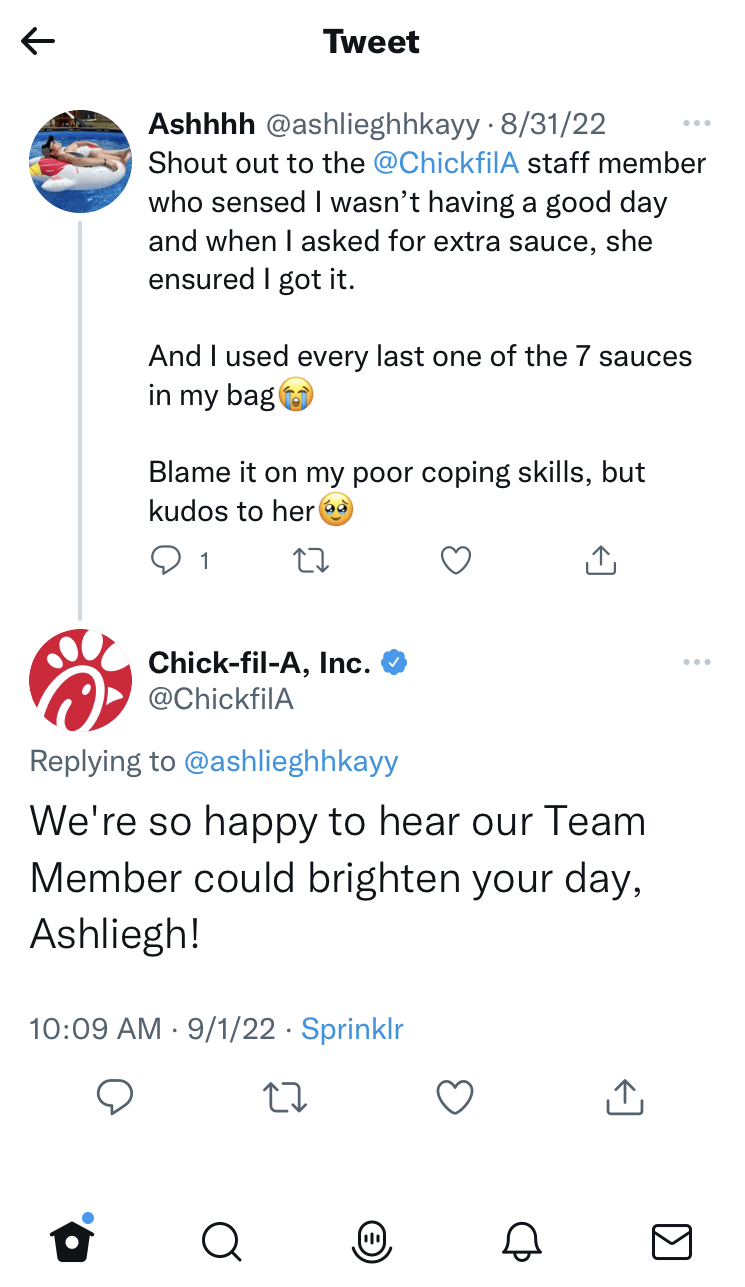 Chick-fil-A responds on Twitter saying they were happy to brighten a customer's day on Twitter