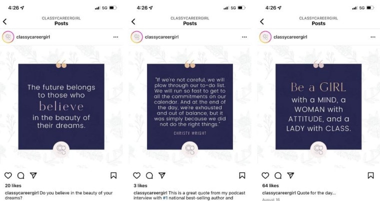 Screenshot of three Instagram posts from Classy Career Girl showing the use of Instagram templates.