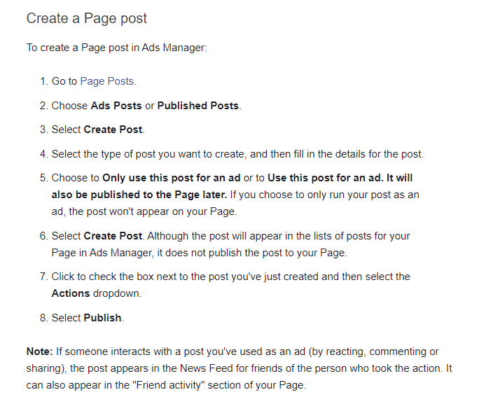 Instructions on how to create a page post in Facebook Ads Manager.