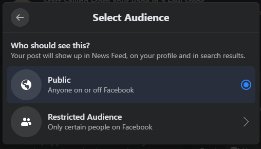 Someone selecting Public on their targeting options on Facebook.