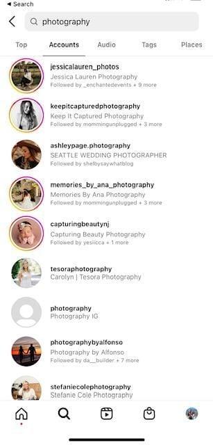 Instagram SEO searching accounts for "photography" on Instagram