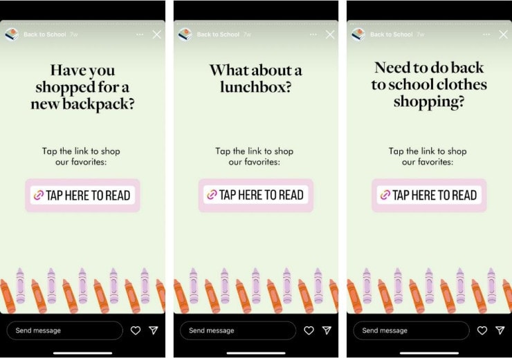 Screenshot of three Instagram Story posts from The Everymom showing the use of Instagram story templates to highlight questions asked by followers and share a link to articles on their blogs.