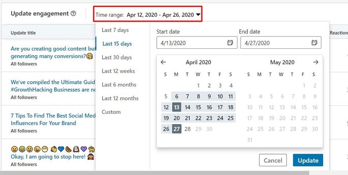 LinkedIn update engagement time range