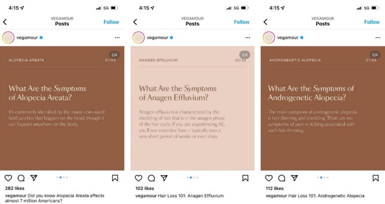 Screenshot of three Instagram posts from Vegamour showing the use of Instagram templates.