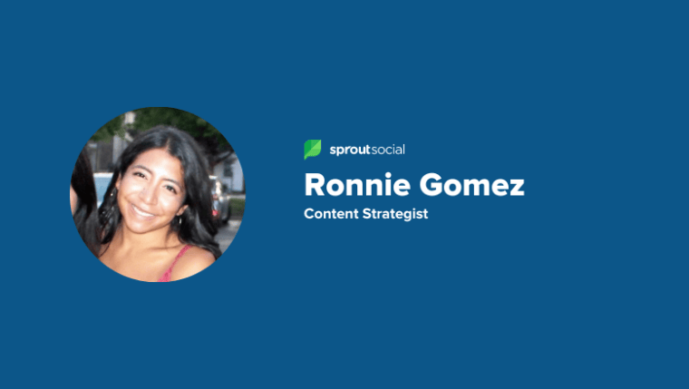 A blue rectangle featuring an employee photo and text that reads Ronnie Gomez, content strategist