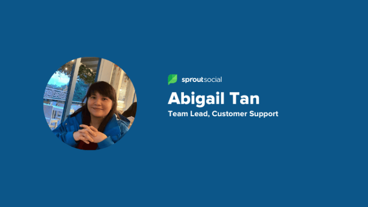 A blue rectangle featuring an employee photo and text that reads Abigail Tan, team lead on customer support