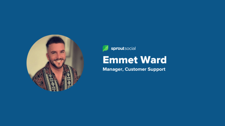 A blue rectangle featuring an employee photo and text that reads Emmet Ward, manager on customer support