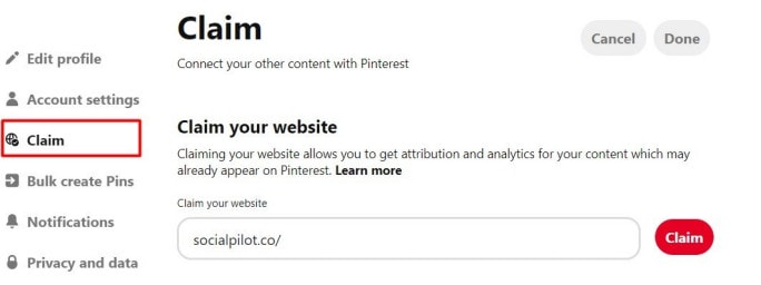 Claim your website on Pinterest option
