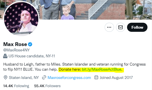 Screenshot example of using social media and politics for fundraising on Twitter: Max Rose uses a bit.ly link to encourage followers to donate.