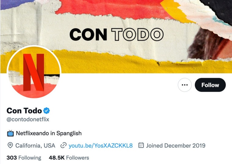 A screenshot of the Netflix Con Todo Twitter account. Their bio reads "Netlfixeando in Spanglish".
