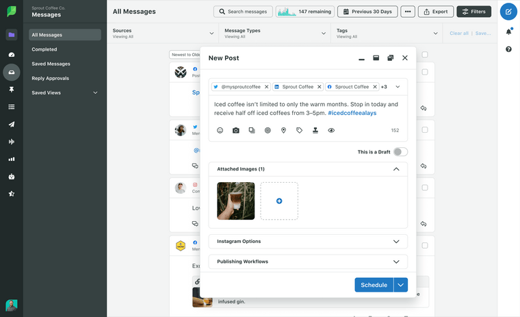 sprout social smart inbox compose window showing options to publish to different social media channels