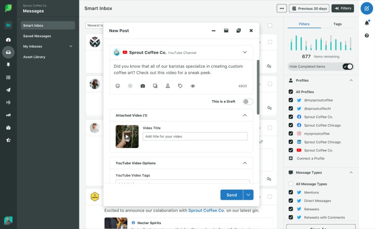 Sprout Social's Smart Inbox with a new video post