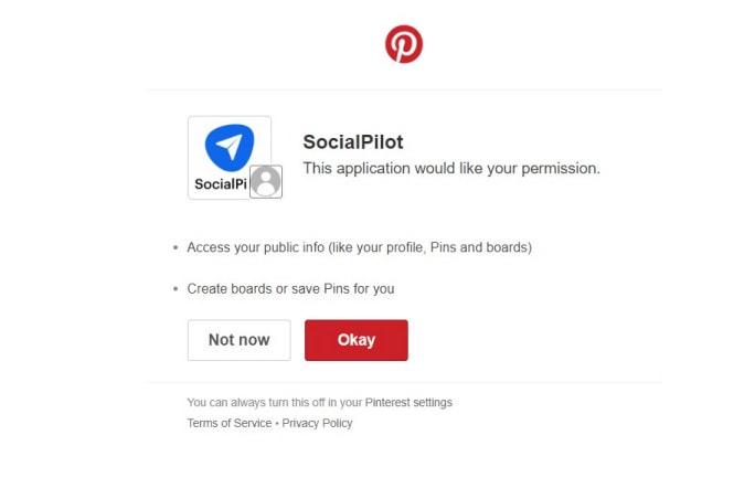 Pinterest authorization window for SocialPilot