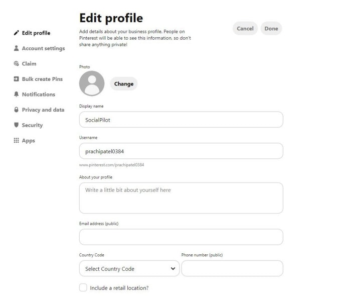 Pinterest business profile edit settings