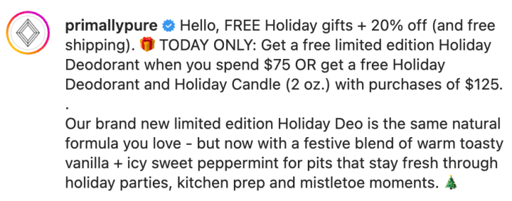 A screenshot of Primally Pure's Instagram caption, where they promote their free gifts and holiday deals