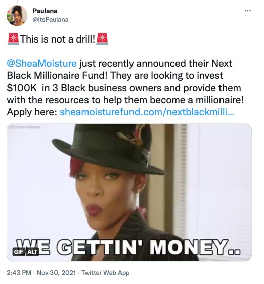 A screenshot of a Shea Moisture fan celebrating the Black Millionaire Fund