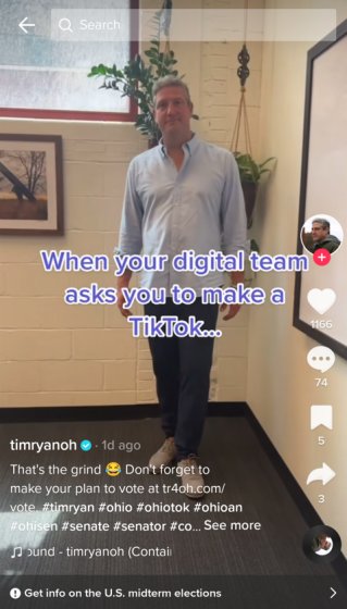 Screenshot of a Tim Ryan TikTok video with overlay text that reads "When your digital team asks you to make a TikTok..."