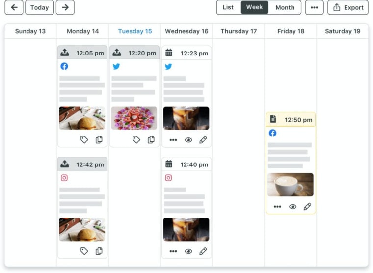 Screenshot of the Sprout Social Publishing Calendar in a week view.