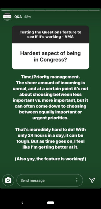 Screenshot of a politician responding to an Instagram Q&A.