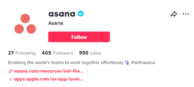 Asana's TikTok account includes a great social media bio.