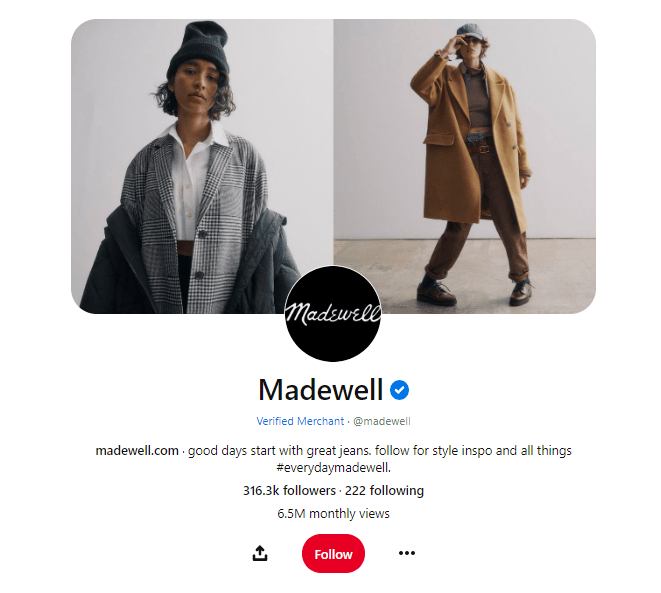 Madewell's Pinterest account includes a great social media bio.