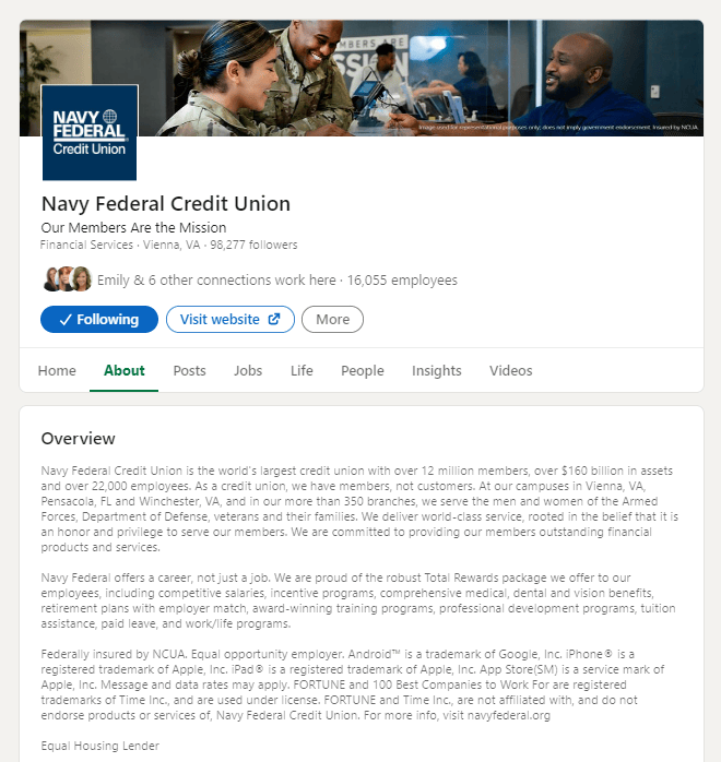 Navy Federal Credit Union's LinkedIn Company Page includes a great social media bio.