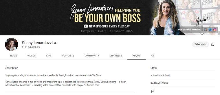 Sunny Lennarduzzi's YouTube channel includes a great social media bio.
